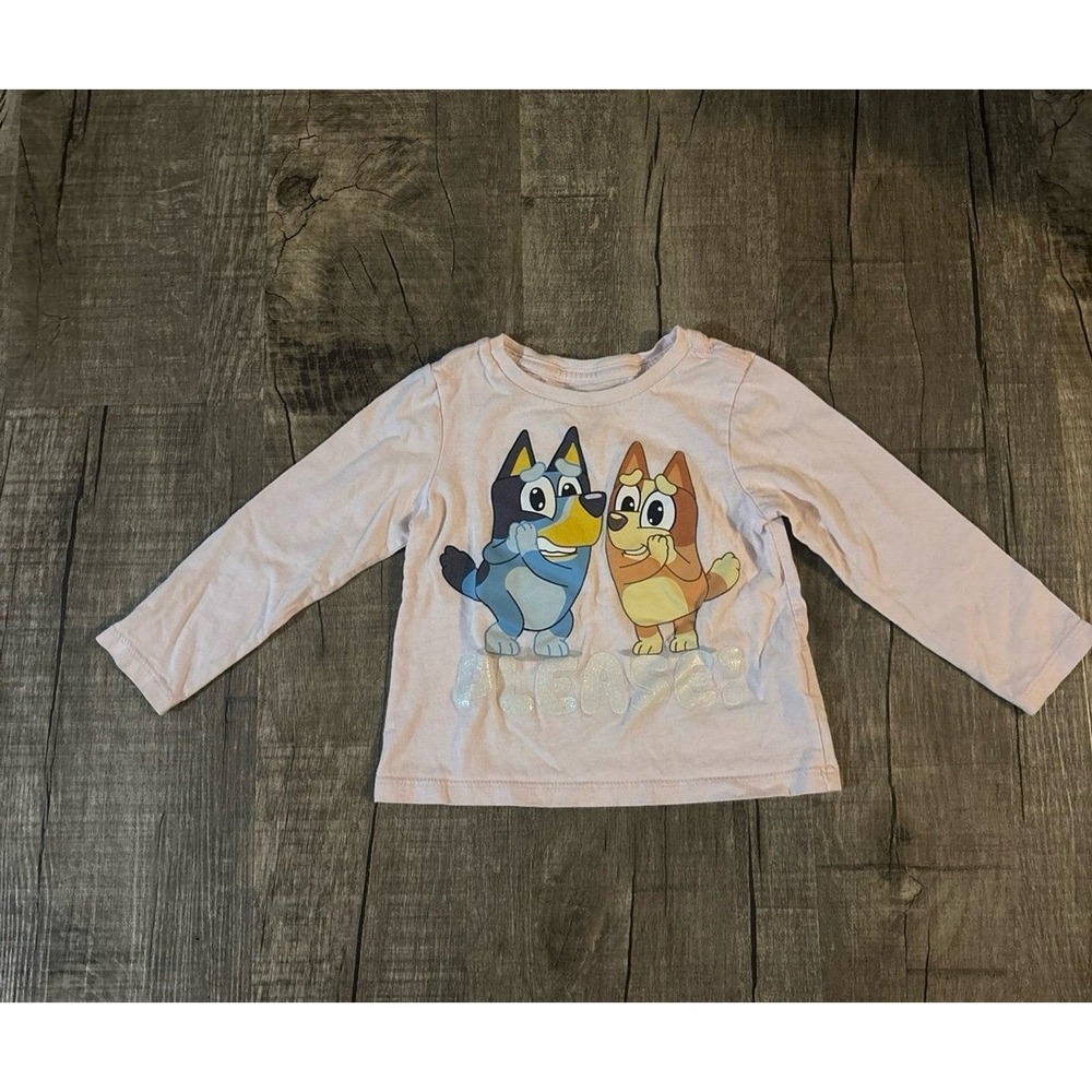 Bluey Bingo Toddler Girls Pink Long Sleeve Shirt Please Glitter Graphic‎ Tee 2T